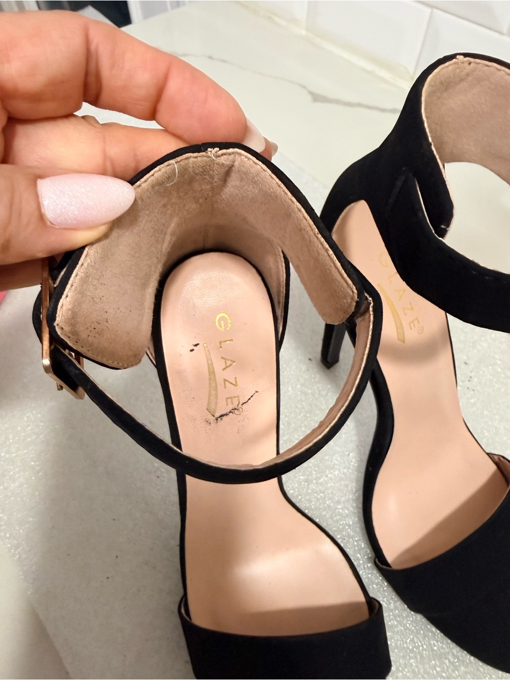 Glaze Black Suede Ankle-Strap Stiletto Heels - Picture 7 of 8